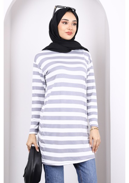 Gri Çizgili Uzun Kol Tunik modelleri