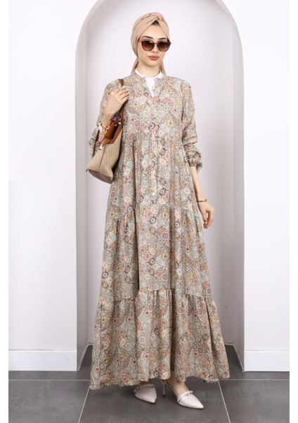 Vizon Yarım Düğmeli Eteği Katlı Elbise