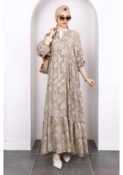 Vizon Yarım Düğmeli Eteği Katlı Elbise fiyatları