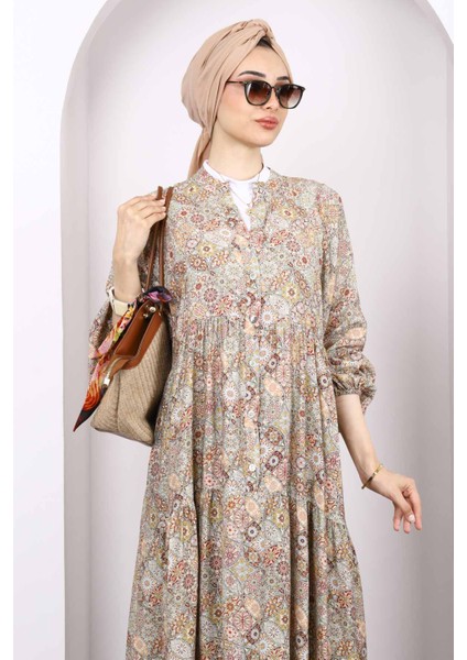 Vizon Yarım Düğmeli Eteği Katlı Elbise modelleri