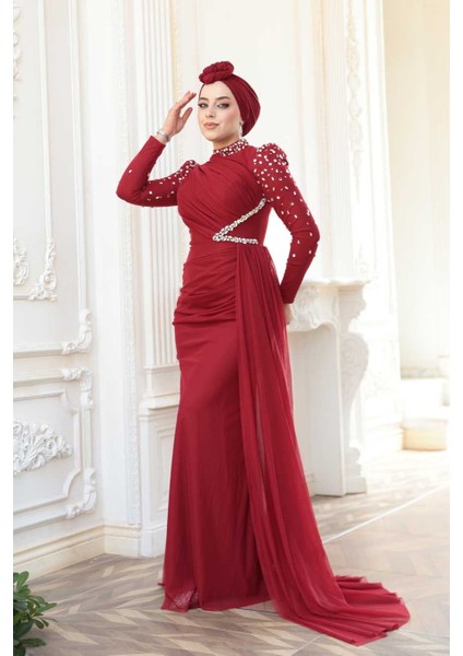 Boncuk Işlemeli Bordo Tesettür Abiye Elbise 5295BR