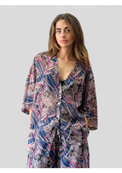 Tasarım V Yaka Şifon Kimono Gömlek Kadın Mürdüm