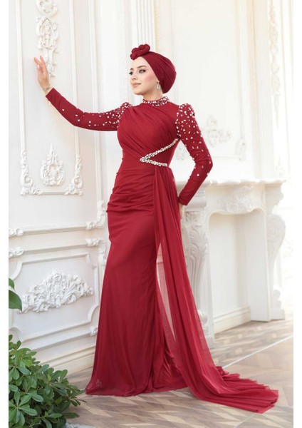 Boncuk Işlemeli Bordo Tesettür Abiye Elbise 5295BR fiyatları