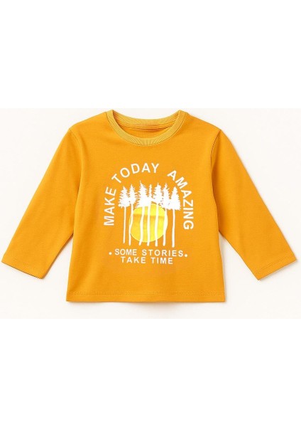 Erkek Çocuk %100 Pamuk Baskılı Uzun Kollu Tişört - Hardal (3-4 Yaş 8-9 Yaş) fiyatları