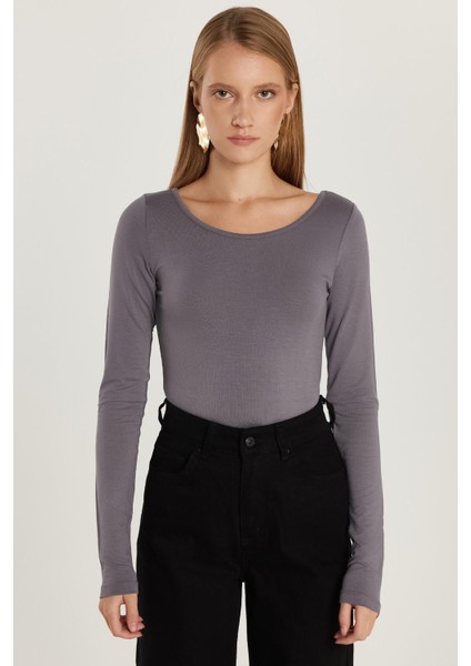 Kadın Slim Fit Dar Kesim Uzun Kollu Viskon Gri Bluz fırsatları