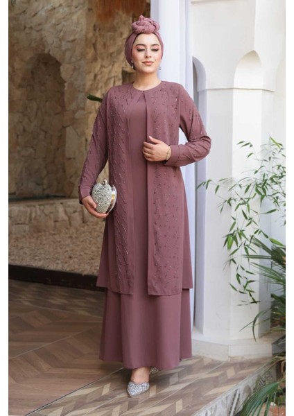 Boncuk Işlemeli Gül Kurusu Tesettür Abaya 29120GK fiyatları