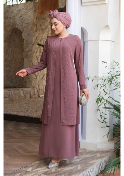 Boncuk Işlemeli Gül Kurusu Tesettür Abaya 29120GK modelleri