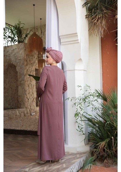Boncuk Işlemeli Gül Kurusu Tesettür Abaya 29120GK fırsatları