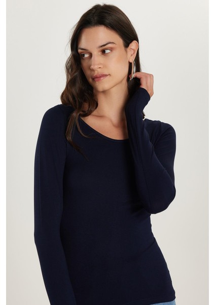 Kadın Slim Fit Dar Kesim Uzun Kollu Viskon Lacivert Bluz fiyatları