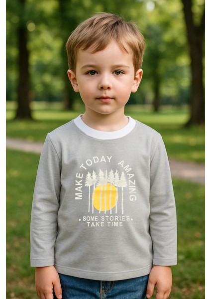 Erkek Çocuk %100 Pamuk Baskılı Uzun Kollu Tişört - Gri (3-4 Yaş 8-9 Yaş)