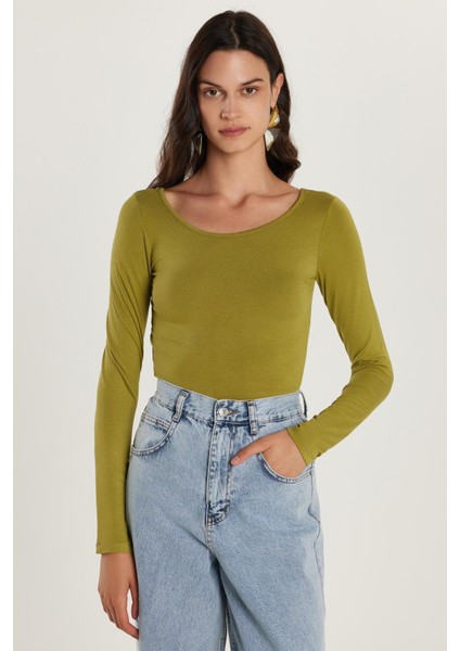 Kadın Slim Fit Dar Kesim Uzun Kollu Viskon Yeşil Bluz