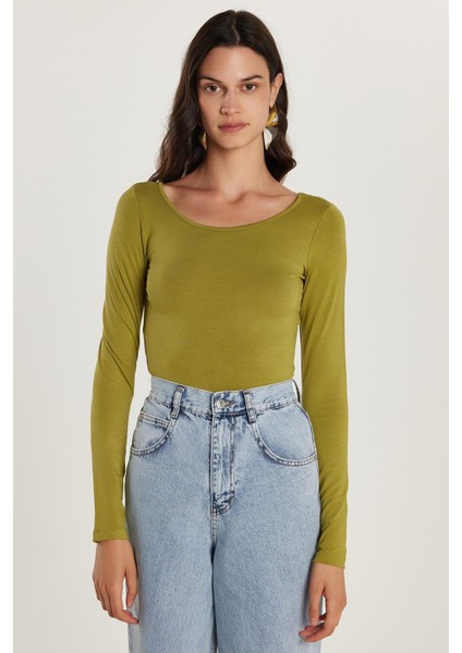 Kadın Slim Fit Dar Kesim Uzun Kollu Viskon Yeşil Bluz fırsatları