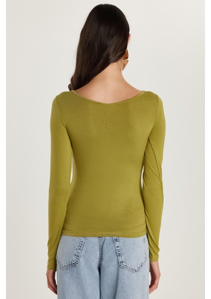 Kadın Slim Fit Dar Kesim Uzun Kollu Viskon Yeşil Bluz indirimleri