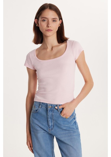 Kadın Slim Fit Dar Kesim Pamuklu Kısa Kollu U Yaka Pembe Bluz