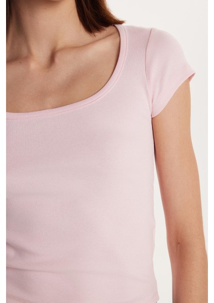 Kadın Slim Fit Dar Kesim Pamuklu Kısa Kollu U Yaka Pembe Bluz modelleri
