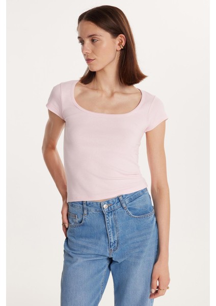 Kadın Slim Fit Dar Kesim Pamuklu Kısa Kollu U Yaka Pembe Bluz fırsatları