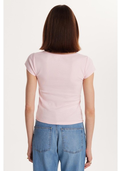 Kadın Slim Fit Dar Kesim Pamuklu Kısa Kollu U Yaka Pembe Bluz indirimleri