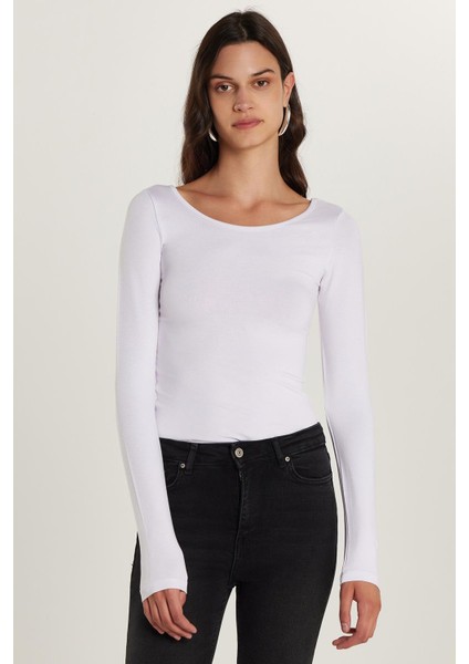 Kadın Slim Fit Dar Kesim Uzun Kollu Viskon Beyaz Bluz