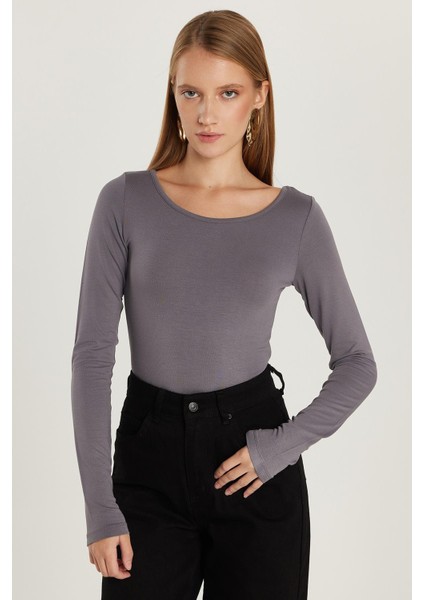 Kadın Slim Fit Dar Kesim Uzun Kollu Viskon Gri Bluz