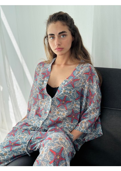 Tasarım V Yaka Şifon Kimono Gömlek Kadın Çok Renkli