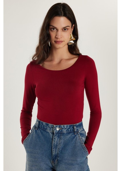 Kadın Slim Fit Dar Kesim Uzun Kollu Viskon Bordo Bluz