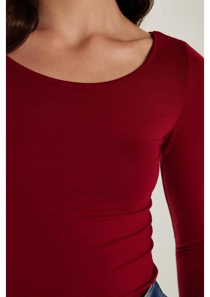 Kadın Slim Fit Dar Kesim Uzun Kollu Viskon Bordo Bluz modelleri