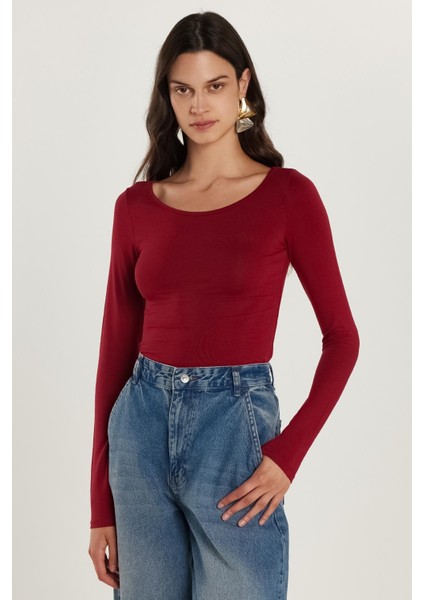 Kadın Slim Fit Dar Kesim Uzun Kollu Viskon Bordo Bluz fırsatları