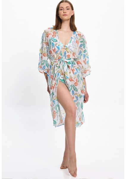 Kadın Çok Renkli Geometrik Uzun Kimono 25PL15ST