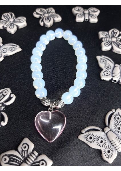 El Yapımı Opal Görünümlü Boncuklu Bileklik – Pembe Kalp Charm Detaylı fiyatları