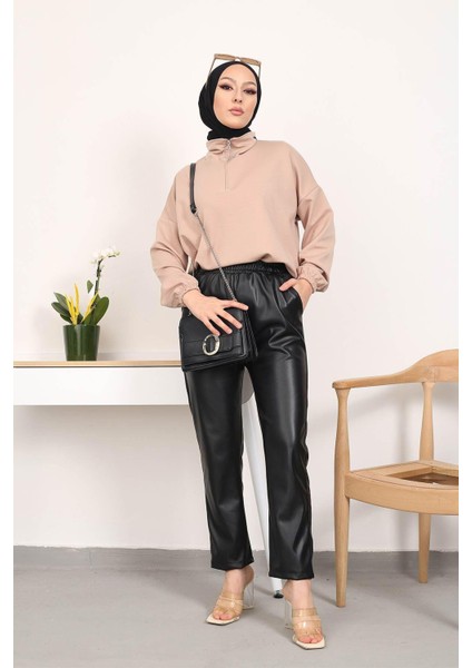 Kadın Beli Lastikli Deri Pantolon modelleri