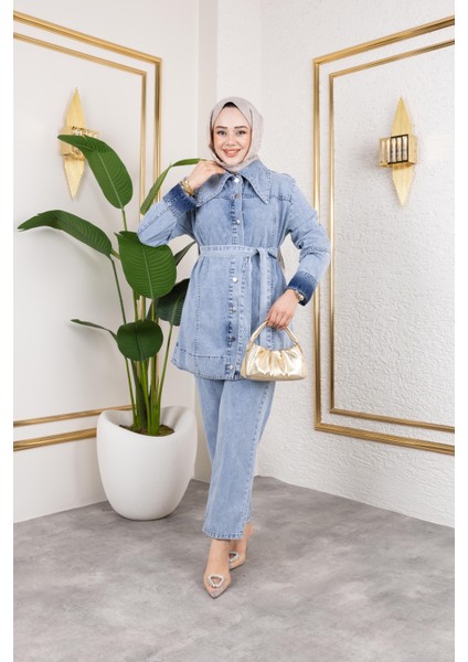 Kadın Düğmeli Kuşaklı 2li Kot Takım