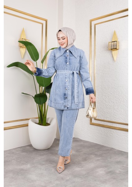 Kadın Düğmeli Kuşaklı 2li Kot Takım fiyatları