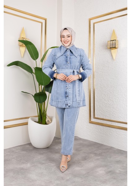 Kadın Düğmeli Kuşaklı 2li Kot Takım modelleri