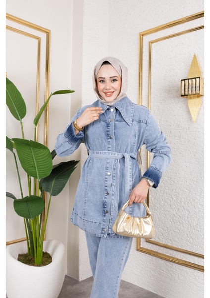 Kadın Düğmeli Kuşaklı 2li Kot Takım fırsatları