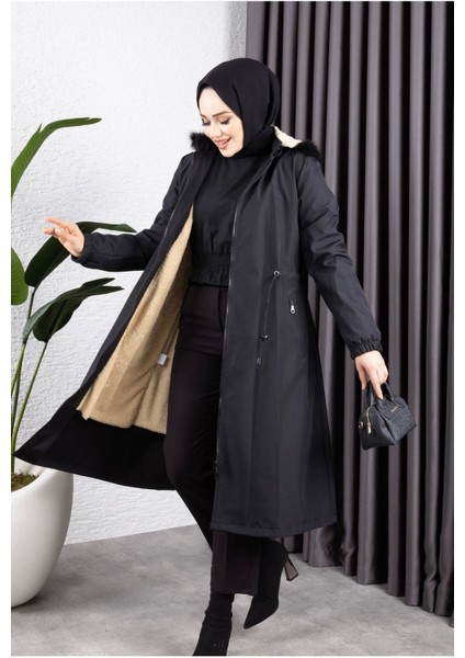 Kadın Kapüşonlu Belden Sıkmalı Bondit Kaban