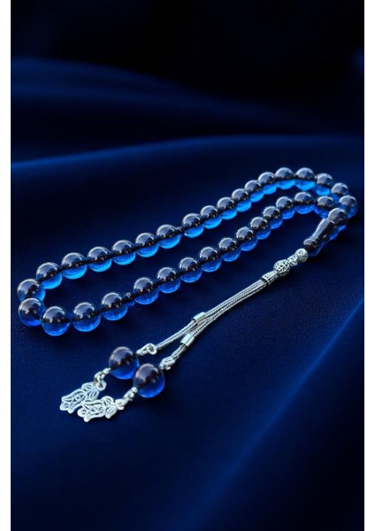 Sertifikalı 925 Ayar Gümüş Püsküllü Gece Mavisi Ateş Kehribar Tesbih Ahşap Hediye Kutulu