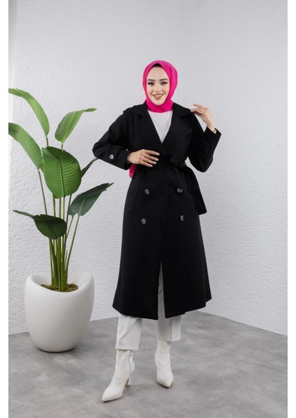 Kadın Kuşaklı Kaşe Kaban