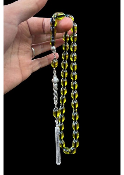 Sertifikalı Premium Üst Kalite 925 Ayar Gümüş Püsküllü Yeşil Ateş Kehribar Tesbih fırsatları