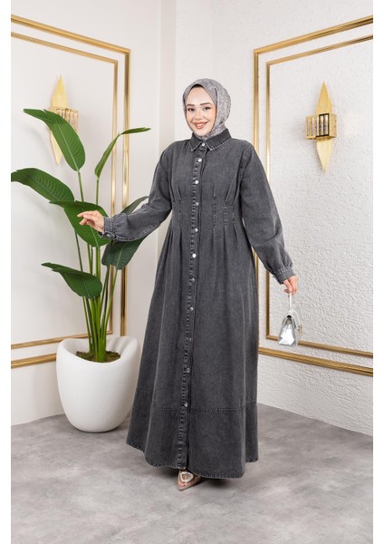 Beli Büzgülü Düğmeli Kot Elbise Siyah