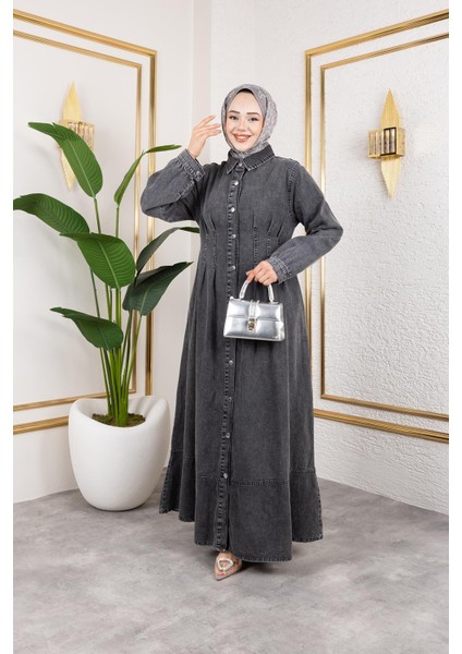 Beli Büzgülü Düğmeli Kot Elbise Siyah fiyatları