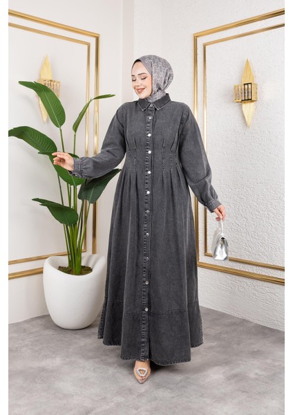 Beli Büzgülü Düğmeli Kot Elbise Siyah modelleri