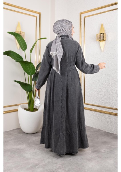 Beli Büzgülü Düğmeli Kot Elbise Siyah indirimleri