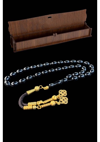 Sertifikalı Usta Işçilikli Sıkma Siyah Ateş Kehribar Tesbih Hediyelik Ahşap Kutulu