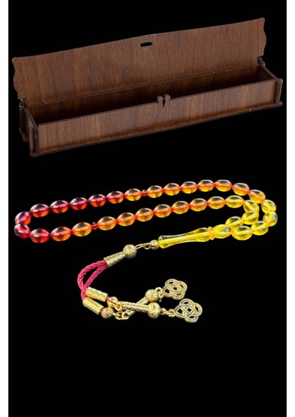 Sürmeli Sarı Kırmızı Renk Süzmesi Toz Kehribar Tesbih, Kehribar Hediyelik Ahşap Kutulu Tespih
