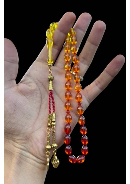 Sürmeli Sarı Kırmızı Renk Süzmesi Toz Kehribar Tesbih, Kehribar Hediyelik Ahşap Kutulu Tespih modelleri