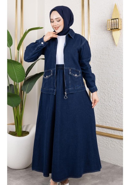 Kadın 2li Takım Kot Ceket ve Beli Lastikli Etek