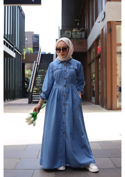 Düğmeli Uzun Kot Tesettür Elbise Açık Mavi