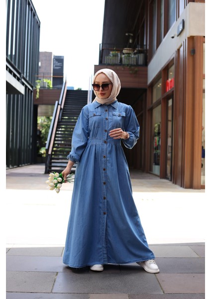 Düğmeli Uzun Kot Tesettür Elbise Açık Mavi fiyatları