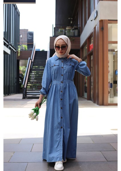 Düğmeli Uzun Kot Tesettür Elbise Açık Mavi modelleri