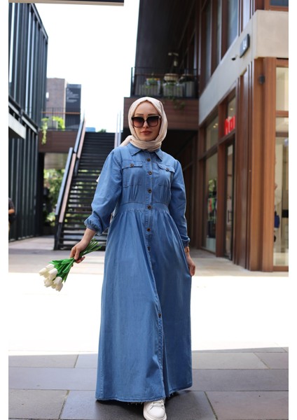 Düğmeli Uzun Kot Tesettür Elbise Açık Mavi fırsatları